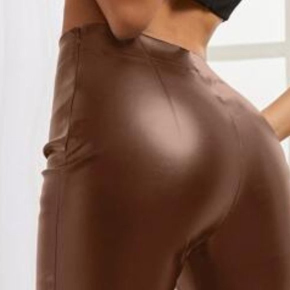 Brown High Waist Slit Hem PU Leather Pants - Picture 8 of 9
